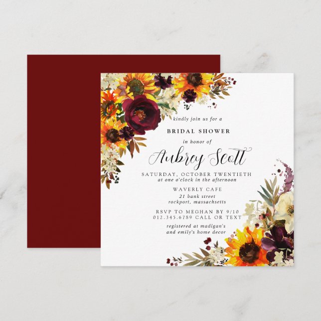 Fall Flowers Sunflower Rose Bridal Shower Invitation (Front/Back)