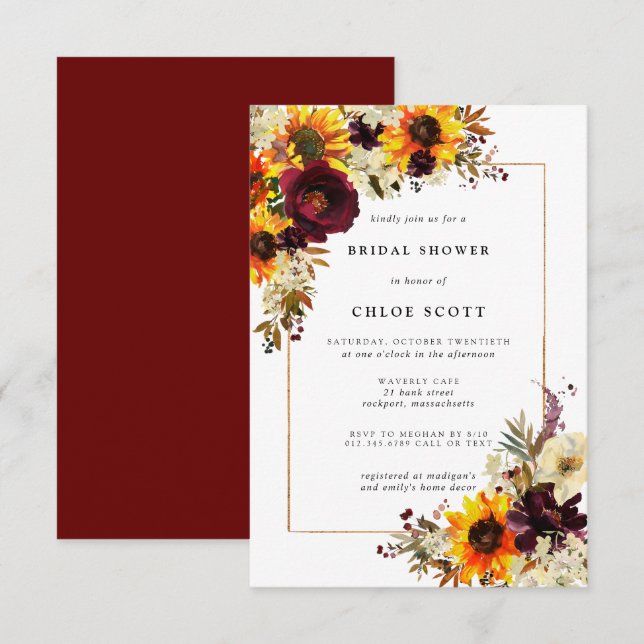 Fall Flowers Sunflower Rose Bridal Shower Invitation (Front/Back)