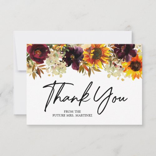 Fall Flowers Sunflower Rose Bridal Shower Thank You Card
