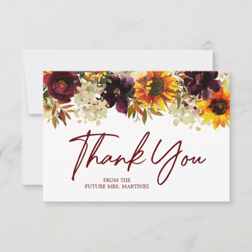 Fall Flowers Sunflower Rose Bridal Shower Thank You Card