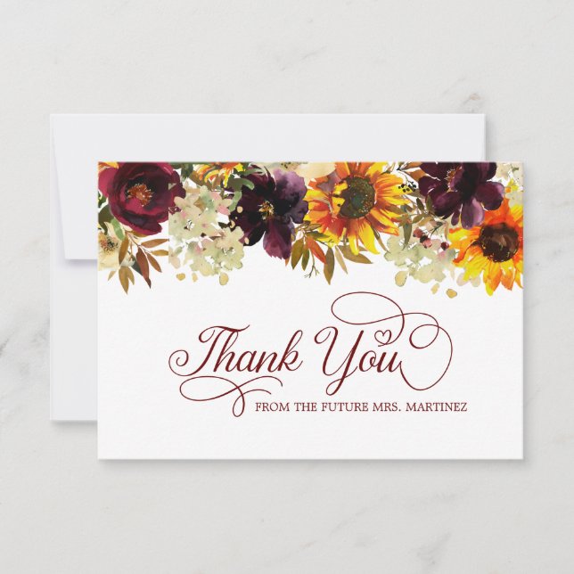 Fall Flowers Sunflower Rose Bridal Shower  Thank You Card (Front)