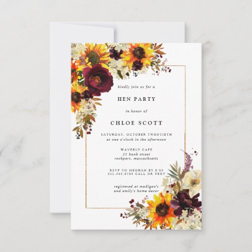 Fall Flowers Sunflower Rose Hen Party Invitation