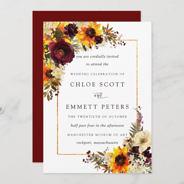 Fall Flowers Sunflower Rose Rustic Wedding Invitat Invitation (Front/Back)