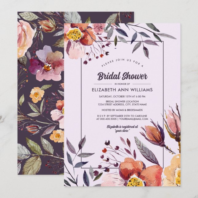 Fall Flowers Watercolor Plum Bridal Shower Invitation (Front/Back)