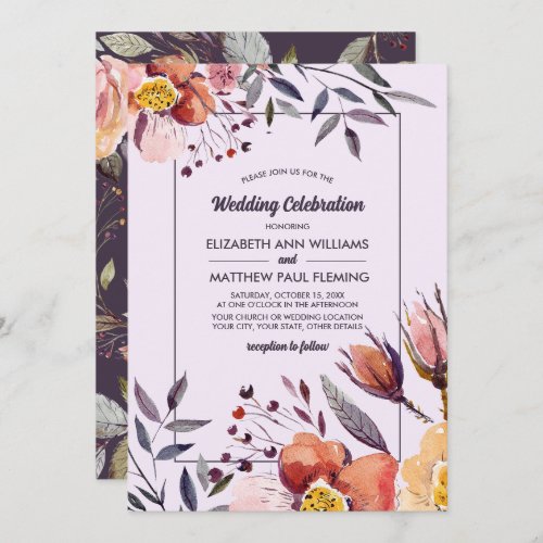 Fall Flowers Watercolor Plum Wedding Invitation