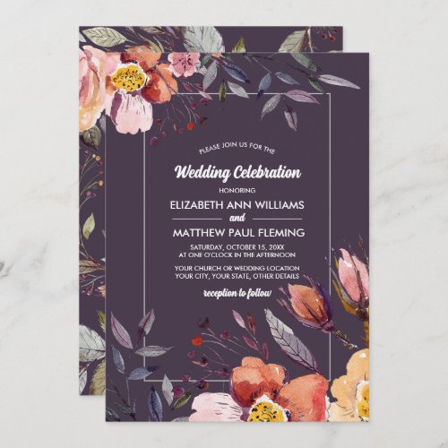 Fall Flowers Watercolor Plum Wedding Invitation
