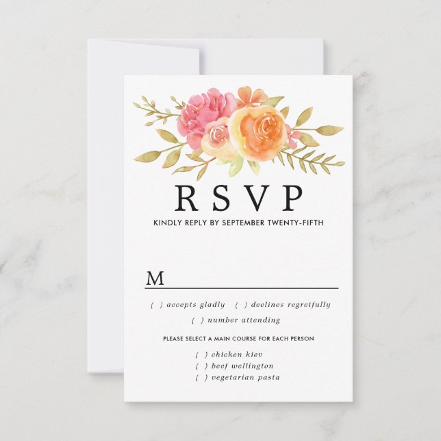Fall Flowers Wedding RSVP Card, Meal Options Card (Front)