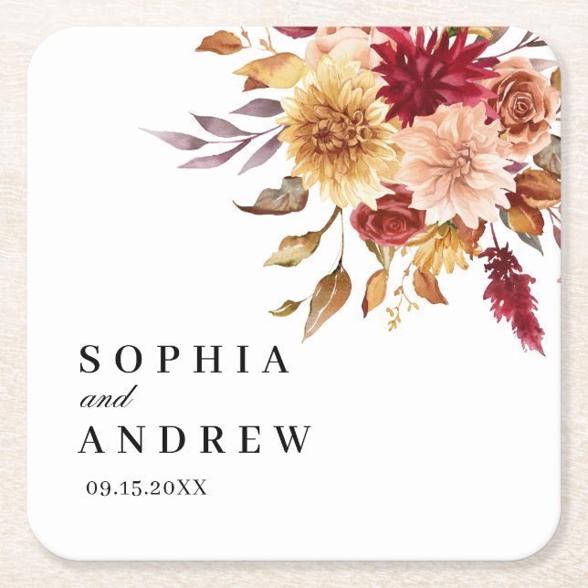 Fall Flowers Wedding Square Paper Coaster (Front)