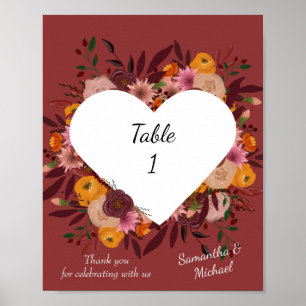 Fall Flowers Wedding Table Number Poster