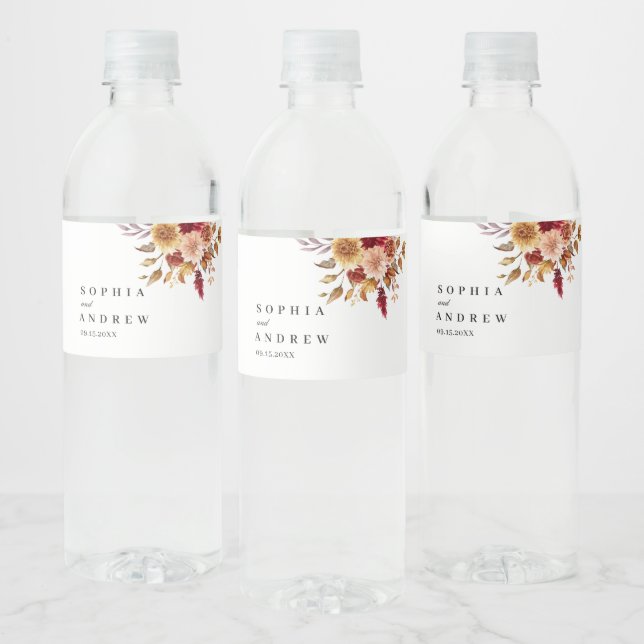 Fall Flowers Wedding Water Bottle Label (Bottles)