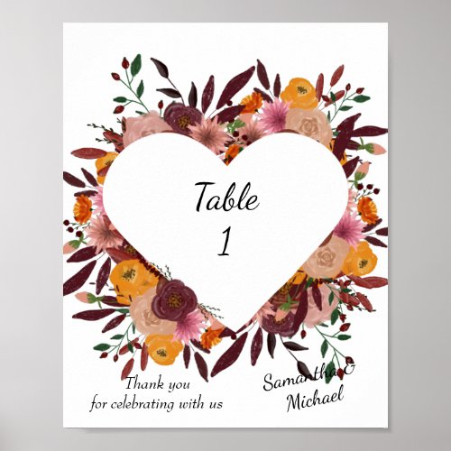 Fall Flowers Wedding White Table Number Poster 