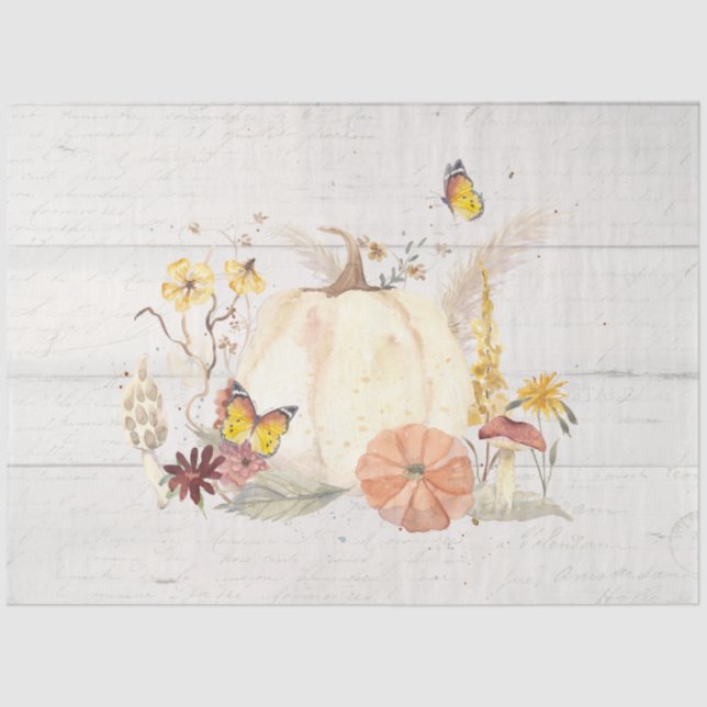 Fall Flowers White Pumpkin Mushrooms Decoupage Tissue Paper (Front)