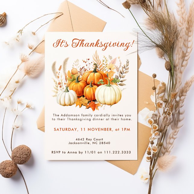 Fall Flowers White Pumpkin Thanksgiving Dinner  Invitation (Creator Uploaded)