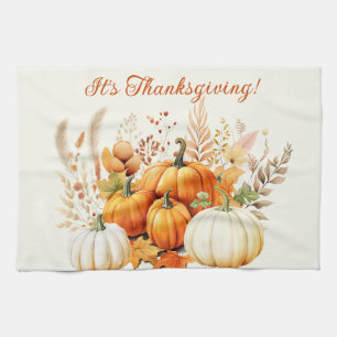 Fall Flowers White Pumpkin Thanksgiving Kitchen Towel