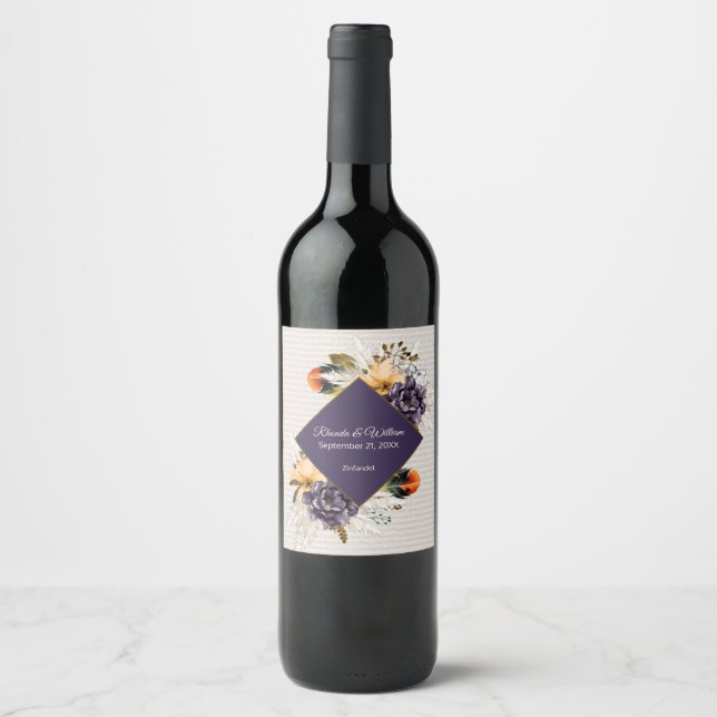 Fall Flowers with Pampas Grass and Feather Wedding Wine Label (Front)
