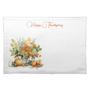 Fall Flowers with Pumpkin, Happy Thanksgiving Cloth Placemat