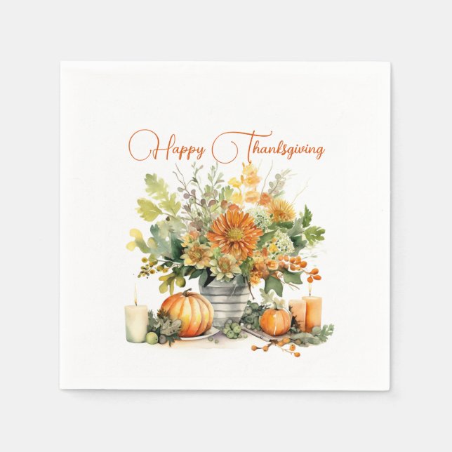 Fall Flowers with Pumpkin, Happy Thanksgiving Napkins (Front)