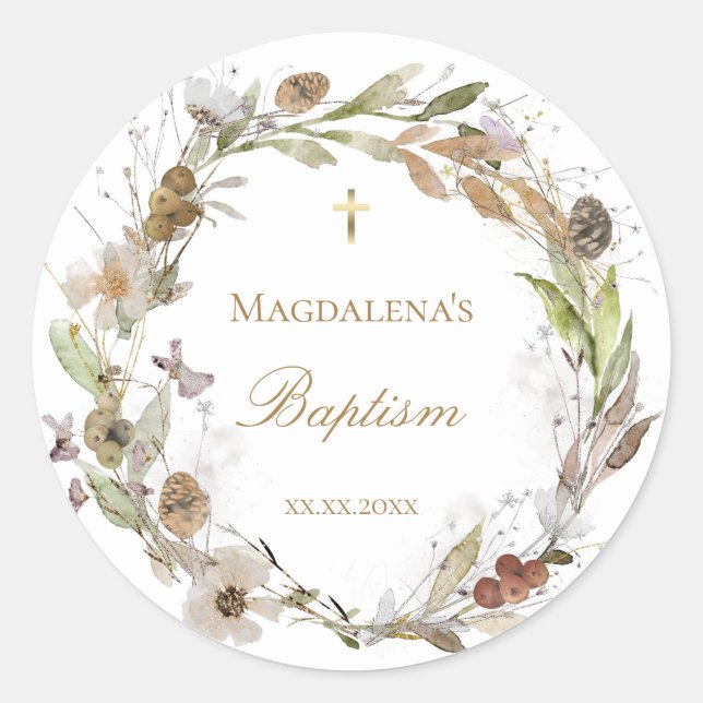 fall flowers wreath Baptism Invitation Classic Round Sticker (Front)