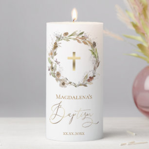 fall flowers wreath Baptism  Pillar Candle