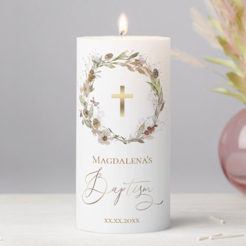 fall flowers wreath Baptism  Pillar Candle