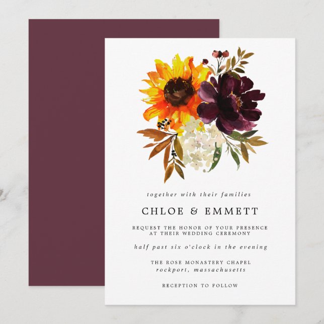Fall Flowers Yellow Sunflower Purple Peony Wedding Invitation (Front/Back)
