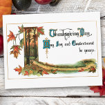 Fall Foliage and Vintage Thanksgiving Greeting Holiday Postcard<br><div class="desc">Thanksgiving verse in illuminated ornate text,  rustic country vignette and Fall foliage border.</div>