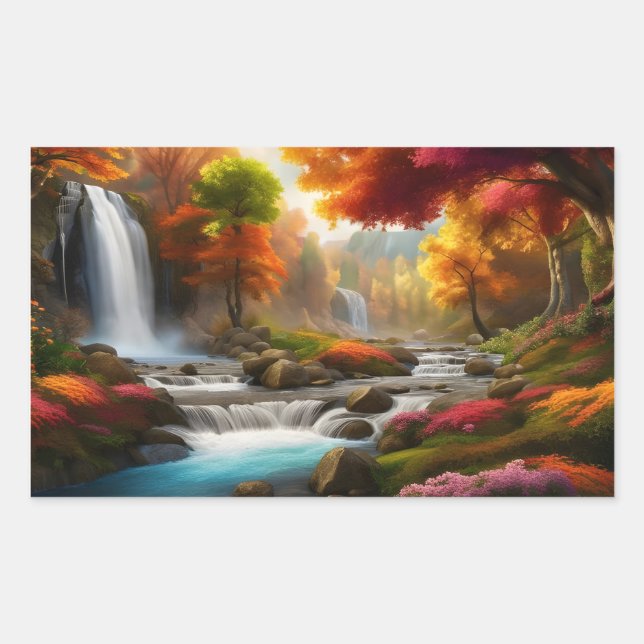 Fall foliage at the waterfall rectangular sticker (Front)