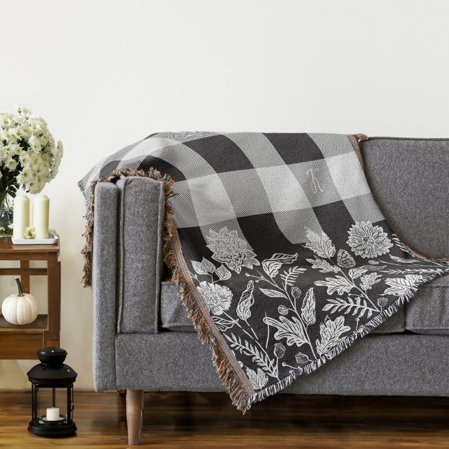 Fall Foliage Autumn Flowers & Foliage Black Plaid Throw Blanket (Fall Foliage Autumn Flowers & Foliage Black Plaid Throw Blanket)