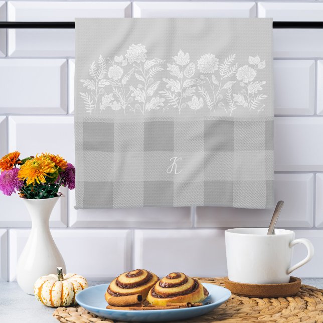 Fall Foliage Autumn Flowers & Foliage Grey Plaid Kitchen Towel (Fall Foliage Autumn Flowers & Foliage Grey Plaid Kitchen Towel)