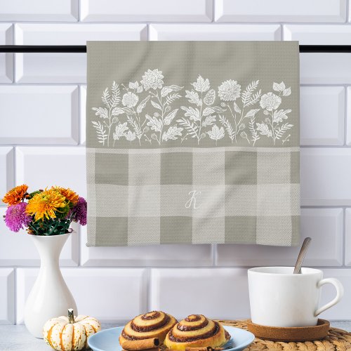 Fall Foliage Autumn Flowers  Foliage Sage Plaid Kitchen Towel