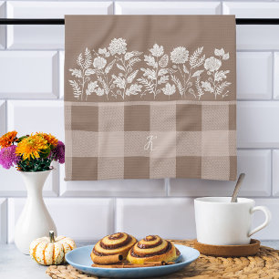 Fall Foliage Autumn Flowers & Foliage Taupe Plaid Kitchen Towel