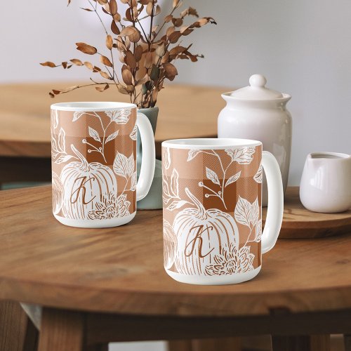 Fall Foliage Autumn Flowers  Pumpkin Orange Plaid Coffee Mug