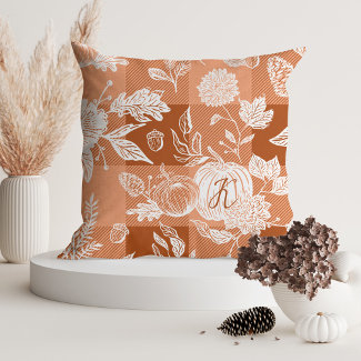 Fall Foliage Autumn Flowers & Pumpkin Orange Plaid Throw Pillow