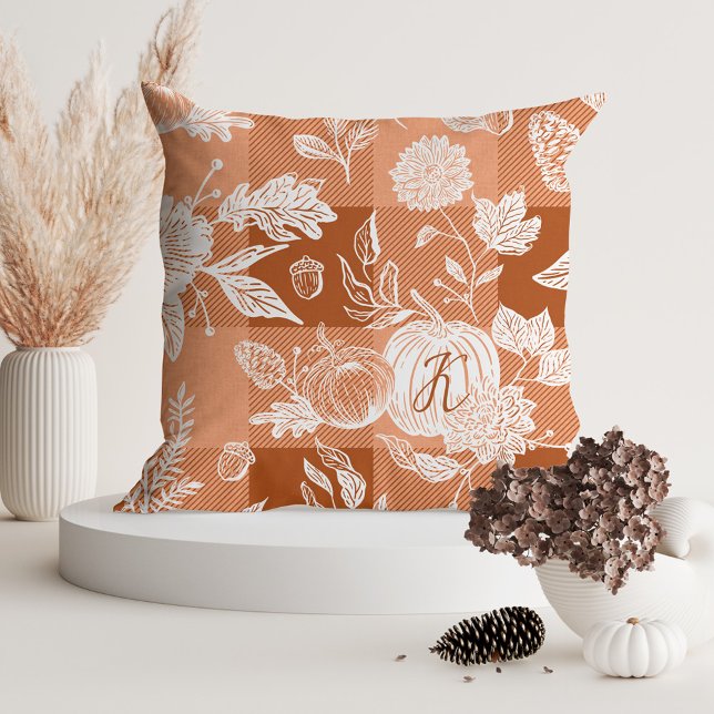 Fall Foliage Autumn Flowers & Pumpkin Orange Plaid Throw Pillow (Fall Foliage Autumn Flowers & Pumpkin Orange Plaid Throw Pillow)