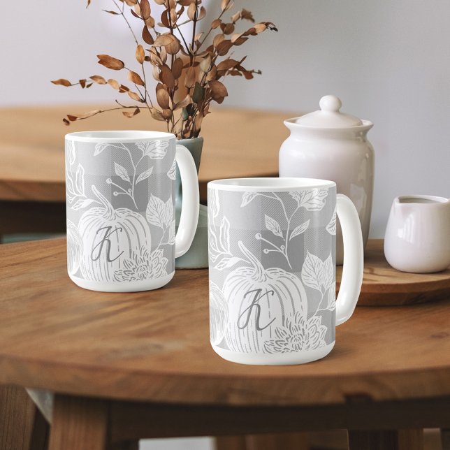 Fall Foliage Autumn Flowers & Pumpkins Grey Plaid Coffee Mug (Fall Foliage Autumn Flowers & Pumpkins Grey Plaid Coffee Mug)