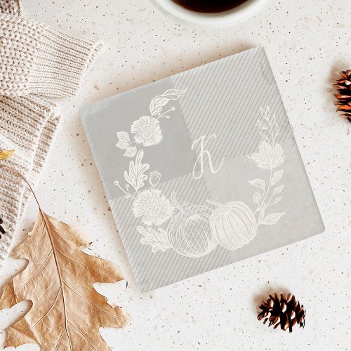 Fall Foliage Autumn Flowers  Pumpkins Grey Plaid Stone Coaster