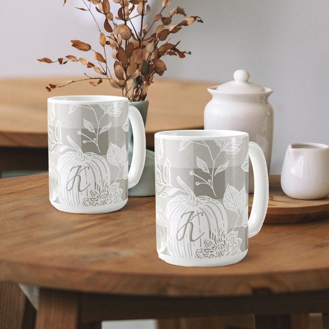 Fall Foliage Autumn Flowers & Pumpkins Sage Plaid Coffee Mug (Fall Foliage Autumn Flowers & Pumpkins Sage Plaid Coffee Mug)