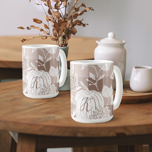 Fall Foliage Autumn Flowers & Pumpkins Taupe Plaid Coffee Mug (Fall Foliage Autumn Flowers & Pumpkins Taupe Plaid Coffee Mug)