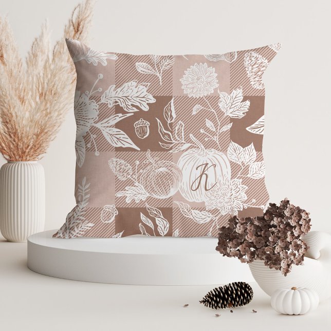 Fall Foliage Autumn Flowers & Pumpkins Taupe Plaid Throw Pillow (Fall Foliage Autumn Flowers & Pumpkins Taupe Plaid Throw Pillow)