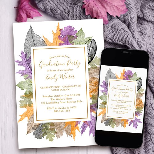 Fall Foliage Autumn Leaves Gold Script Graduation