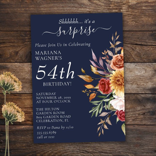 Fall Foliage Autumn Navy Blue Surprise Birthday Invitation (Creator Uploaded)