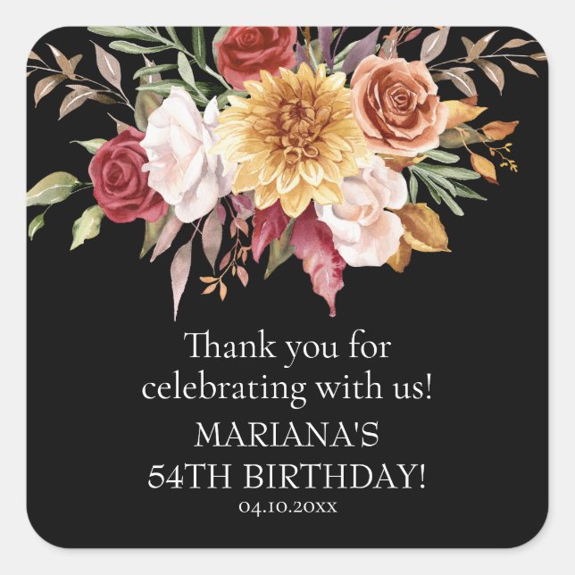 Fall Foliage Black Birthday Party Favor Square Sticker (Front)