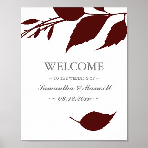 Fall Foliage Burgundy Leaves Wedding Welcome Poster