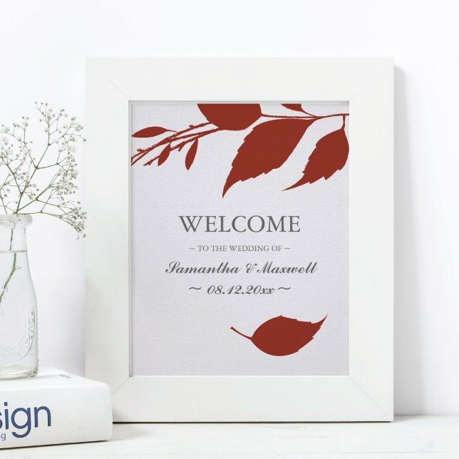 Fall Foliage Burnt Orange Leaves Wedding Welcome Poster (Orange wedding welcome sign minimalistic leaves )