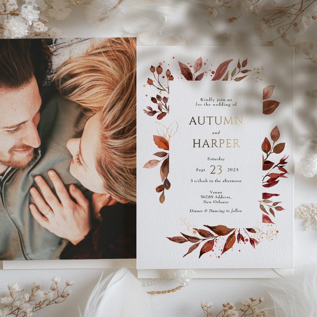 Fall Foliage 'Falling in Love' Photo Wedding Foil Invitation (Creator Uploaded)