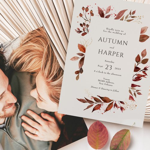 Fall Foliage Falling in Love Photo Wedding Invitation