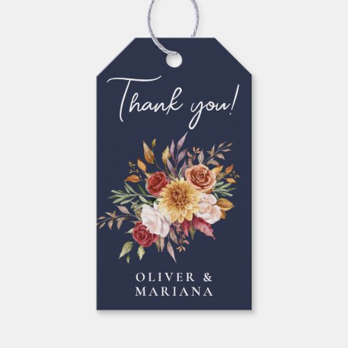Fall Foliage Floral Navy Blue Wedding Favor Gift Tags