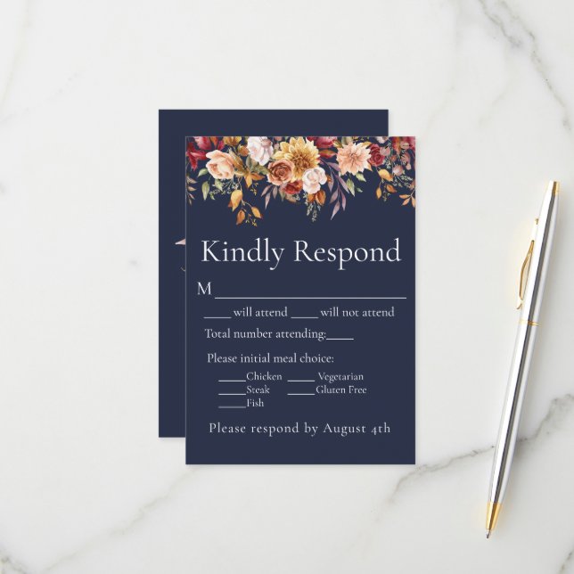 Fall Foliage Floral Navy Blue Wedding RSVP (Front/Back In Situ)