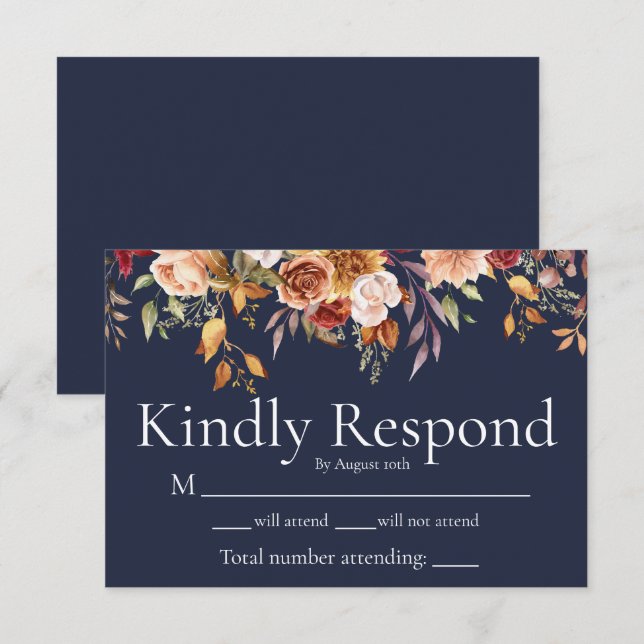 Fall Foliage Floral Navy Blue Wedding RSVP Card (Front/Back)