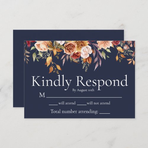 Fall Foliage Floral Navy Blue Wedding RSVP Card